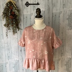 ☆ sale!  桜色の小紋の着物から　お袖フリルのブラウス　　着物リメイク♪