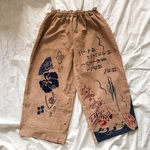 柿渋染めの　手ぬぐいリメイク　ワイドパンツ　ゆったりズボン　佐渡おけさ　岩手山
