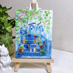 モロッコ青い街と猫　ミニキャンバス画　小さい絵　猫の絵