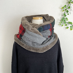 ウールチェック＆BWcotton＆ツイードウール混＆ガゼルグレーニットパッチロングスヌードマフラー2
