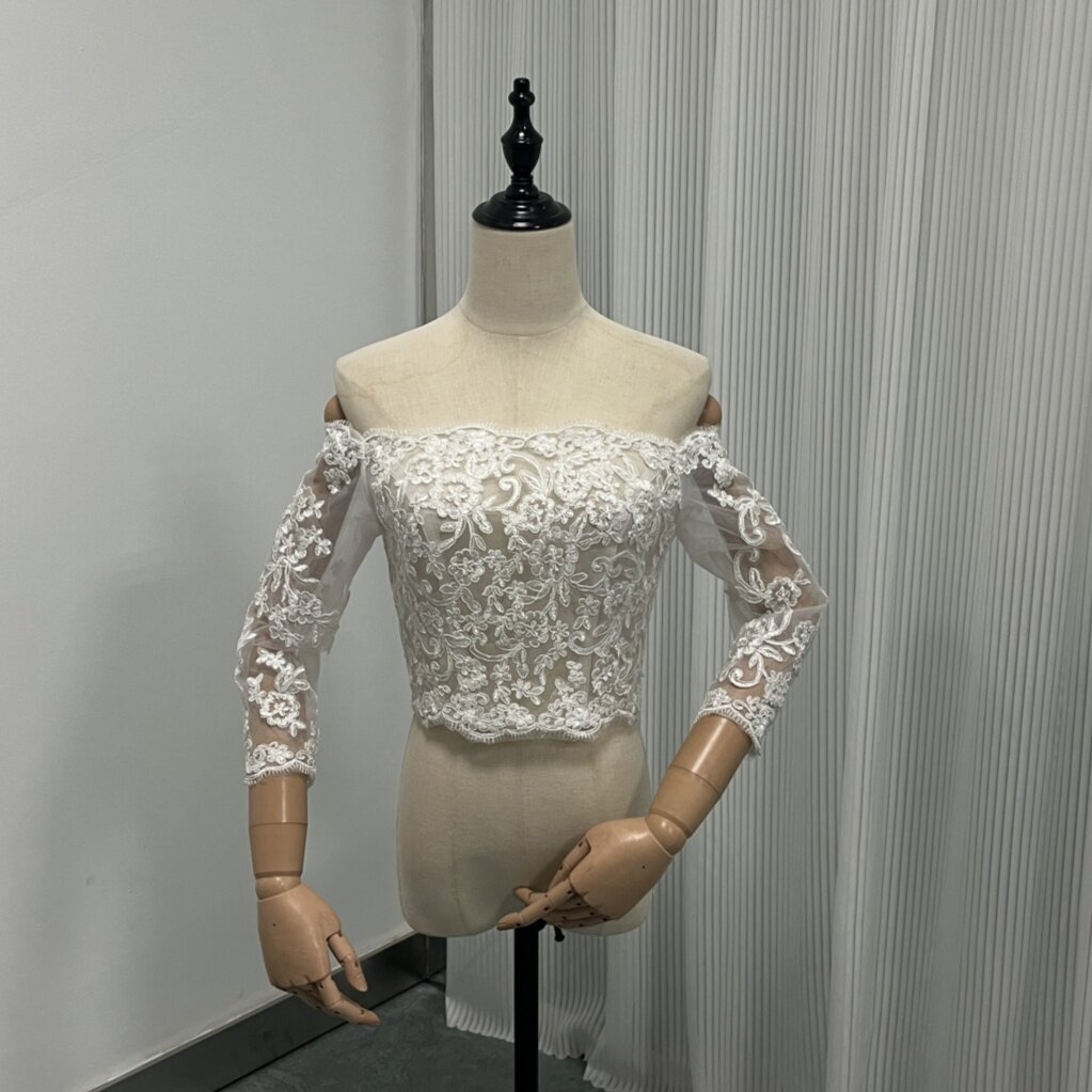ボレロ  オフショルダー  美しい花レース くるみボタン 披露宴/結婚式 ウェディングドレス ロングスリーブ