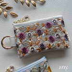 【受注製作🪡】 new✨インド刺繍リボンポーチ flower garden purple🌿カードケース💳 フェイクレザー カラビナポーチ　贈り物♡ご自分へのご褒美に♡ 新生活　