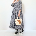 ナチュラルリネンのベリー柄＊ゆったり長袖ワンピース＊北欧 果実 植物 草花柄＊ポケット付き＊ブルーグレー