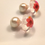 2way こでまりとコットンパールのノンホールピアス 赤×ピンク×オレンジ☆ 