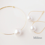 2点set✧大粒コットンパールのワイヤーブレスレット&一粒コットンパールのドロップフープピアス/イヤリング⑅再販3