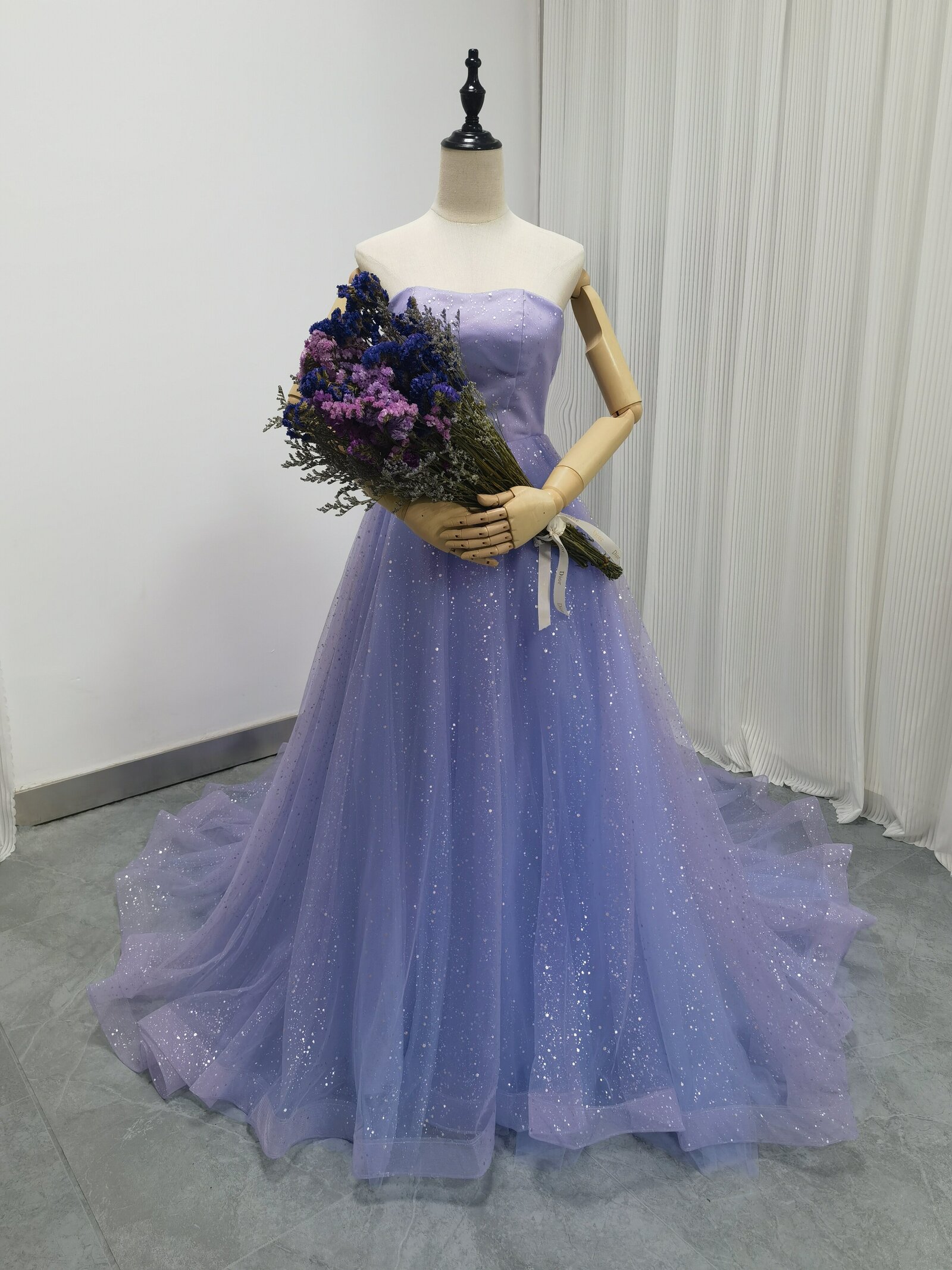カラードレス パープル キラキラチュール 取り外しオフショルダー Aライン  ブライダル 花嫁可愛い