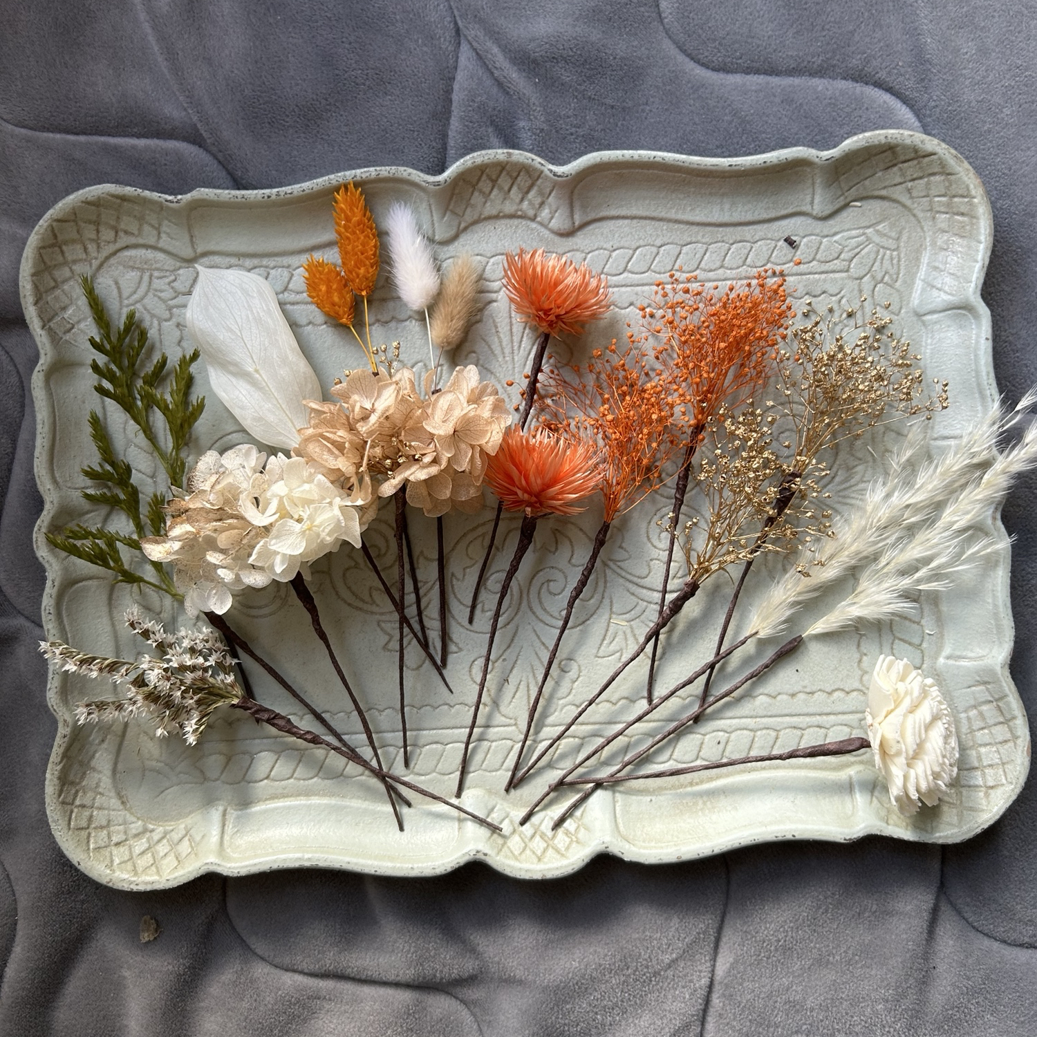 89 Dried flower comb /フラワーコーム青紫 × オレンジ