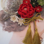 ちりめん　赤　生成　緑　黄緑　つまみ細工　髪飾り　ヘアアクセサリー　成人式　結婚式　入学式　卒業式　七五三　袴　和装　クリップ　Uピン　選べる　タッセル　かすみ草　水引