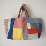 リネン・帆布・綿麻　カラフル系　ランダムパッチ　　横長トートBAG　♪　麻　カラーリネン　