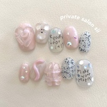 pipipipipipinkkkkkkk 💕 【うるうるピンクネイルチップ】くま 立体アート 落書き　うねうねライン ホロ 淡色ガーリー 個性派ネイル 推し活 ちゅるん