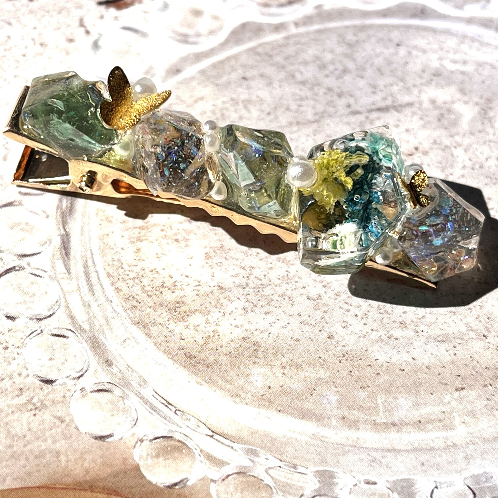 ヘアクリップセット】花鉱石のヘアクリップーグリーンー レジン ドライ