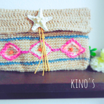 刺繍  ネイティヴ ヒトデ 麻クラッチバック ショルダーバック