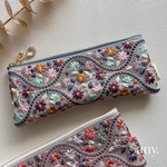 new✨インド刺繍リボン♡メガネケース👓ペンケースにもぴったり✨ heartful flower ブルーグレー🌿