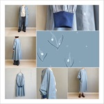スノードロップ。オリジナルテキスタイルの前開き働くワンピース。ブルー。袖リブ。背中タック。【即納】
