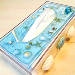 ティッシュペーパーケース   クリアブルーBOX ビーチにヒトデや貝を散りばめましたインテリアにも！ 名入れ対応