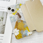 ゴールド手帳型押し花スマホケース、紫陽花、千鳥草、全機種対応、iPhone15、iPhone15Pro、iPhone15plus、iPhone14、iPhone14Pro、iPhone13