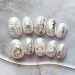 ネイルチップ（23）　つけ爪　ニュアンス　オーロラ　白　ホワイト　リボン　成人式　卒業式