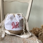 フランスアンティーク*巾着型かごバッグ*赤色手刺繍*モノグラム刺繍*手刺繍レース*ショルダー