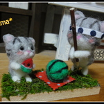 ＊スイカ割り　ねこちゃん親子（グレー）　置物＊