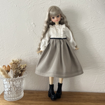 フリル長袖ドッキングワンピース　【ライトカーキ】ドール服　リカちゃん　ruruko　受注