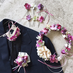 【オーダー】パープルピンクの花冠＆ヘッドアクセ&リストレット&ブートニア4点セット