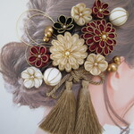 縁取り　ちりめん　ワインレッド　生成　白　黒 　つまみ細工　髪飾り　ヘアアクセサリー　成人式　結婚式　入学式　卒業式　七五三　袴　和装　Uピン　タッセル　水引