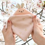 名入れ可♪うさちゃん大判タオルハンカチ♡ピンクうさぎちゃん×ゴールドさくらんぼ柄