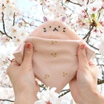 ネーム入れ可♪ねこちゃん大判タオルハンカチ♡ピンクねこちゃん×さくらんぼ柄