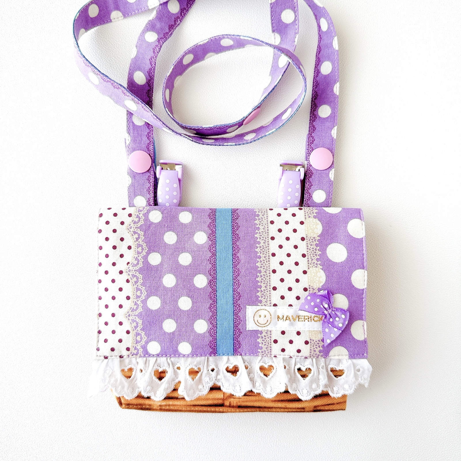 パープルストライプ パープル大きなリボン☆クリップ付☆移動ポケット