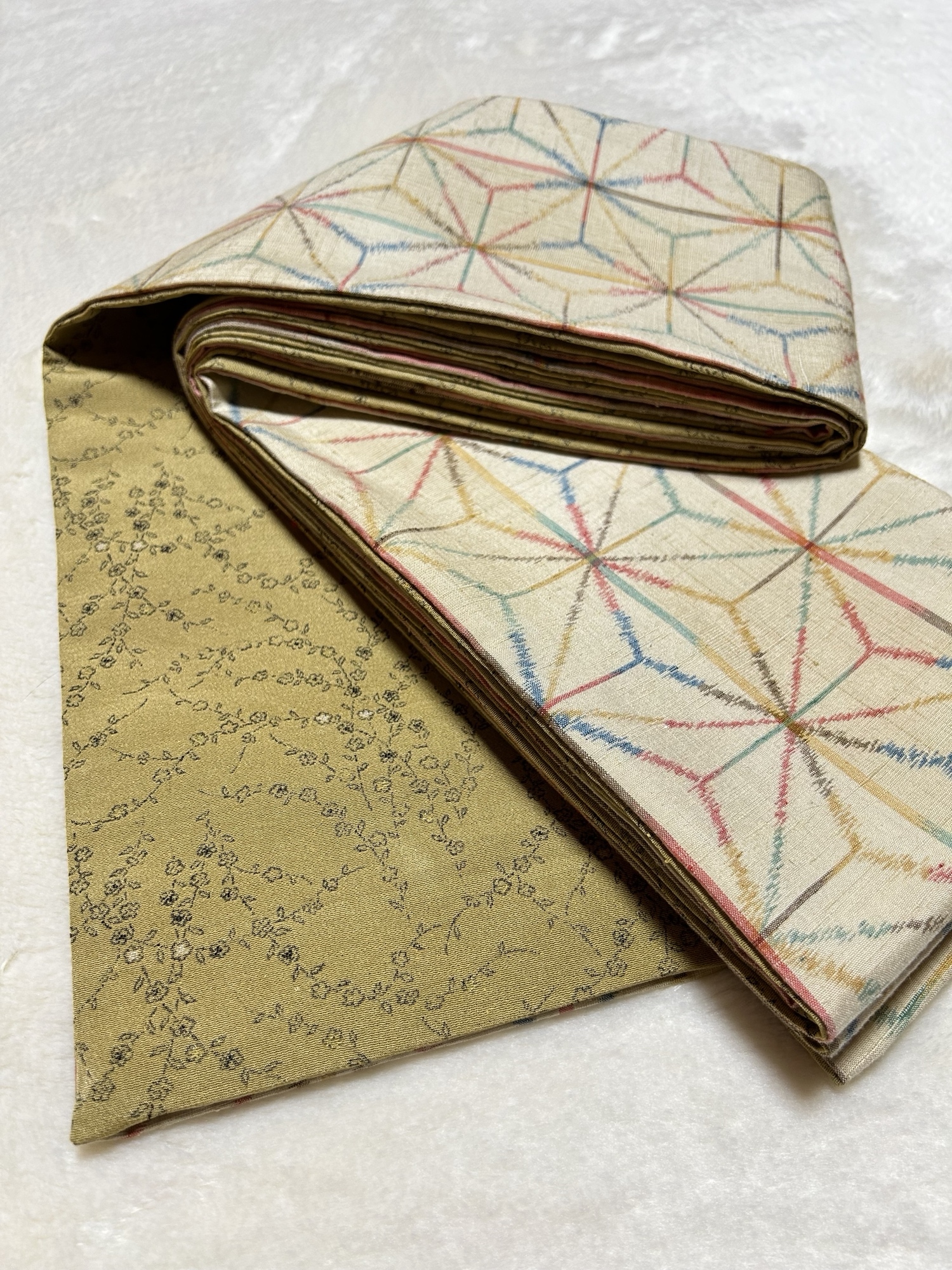 228号 半幅帯 花織紬 青緑×浅葱色とグレーの暈しの紬 正絹