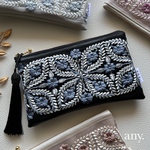 new🌿インド刺繍リボン 大人ポーチBrilliant flower blueblack✨用途いろいろ！便利なサイズ 母の日　母の日プレゼント