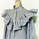 ★sale★ ☆たっぷりフリルの春ブラウス☆ブルー☆ストライプ柄ブラウス☆ゆったり