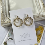 デザインフープとコットンパールのシンプルピアス/ノンホールピアス