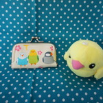 がま口　印鑑ケース小　セキセイインコ・文鳥柄　クリーム色