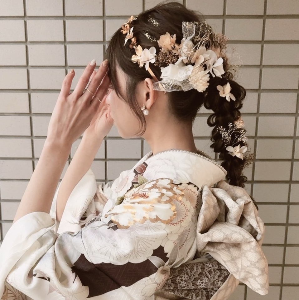 ホワイトミニクリアフラワーmix髪飾り( 水引、金箔set