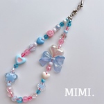 ビーズストラップ🤍🎀スマホストラップ🩵ハンドストラップ🩷ファンシーハートリボン🩵ピンク×ライトブルー¨̮*/MIMI. 