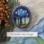名画ブローチ　ゴッホ「ローヌ川の星月夜」の刺繍ブローチ
