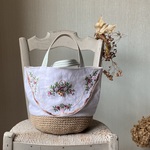 フランスアンティーク*ホームスパンリネン*花カゴ刺繍*かごバッグ*トートバッグ*ヴィンテージ*アンティークレース