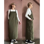 サイズと長さ選べる❤️RATA❤️綺麗め伸縮素材❤️スラリと見えるサロペットジャンパースカート❤️オールシーズン❤️渋め大人カーキ❤️しっかり素材