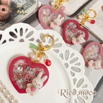 ⟬ ベリーレッド × うさぎちゃん🐰❤️ ⟭ ハートがいっぱい♡いちご摘み🍓 オイルシェイカー レジンキーホルダー シェイカーキーホルダー アシュテッド リバティ ハンドメイド 1点