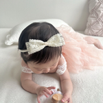 【double  ribbon lace hair  band】ベビーヘアバンド  ベビーカチューシャ　ハーフバースデー　バースデーにおすすめ　赤ちゃん　レース　リボン　ヘアバンド