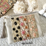 《new》春色　インド刺繍リボンポーチ インド刺繍ポーチ　インド刺繍　刺繍　ポーチ　フラットポーチ　メイクポーチ　ギフト　タッセル付き　Lサイズ(20cm)ライトベージュ