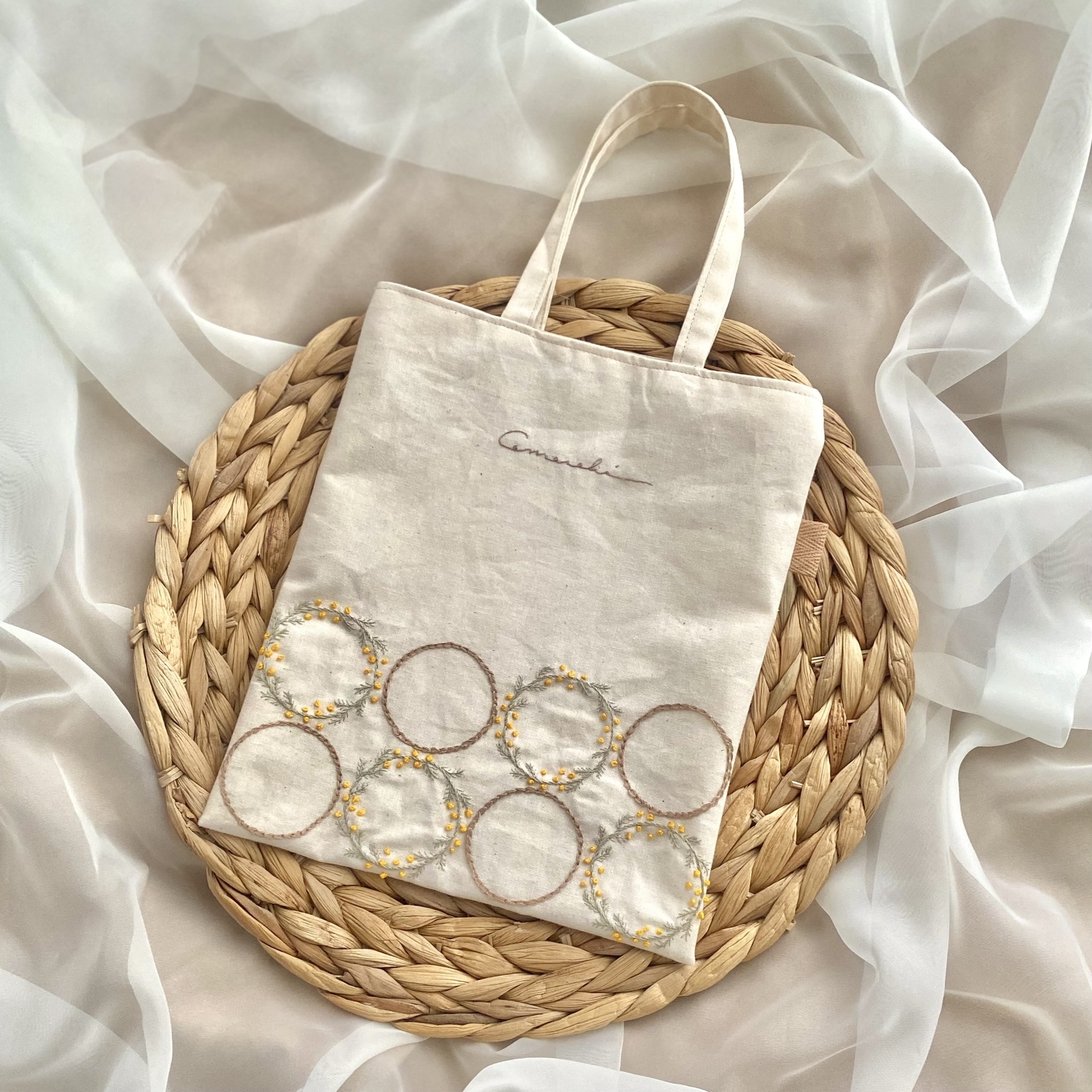 ミモザリース” 手刺繍ミニトートバッグ - comorebi_ricamo | minne 