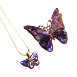 80s Vintage Paua Shell Butterfly Motif Necklace & Brooch Set　(ev-074)