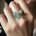 　【夏盛れリング】天然石フォークリング Dalmatian jasper×シーブルーカルセドニー　　　フォークリング　フリーサイズ