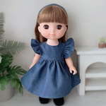 メルちゃん服　ソランちゃん服 ♡ デニム フリルワンピース(ヘアバンド付き)