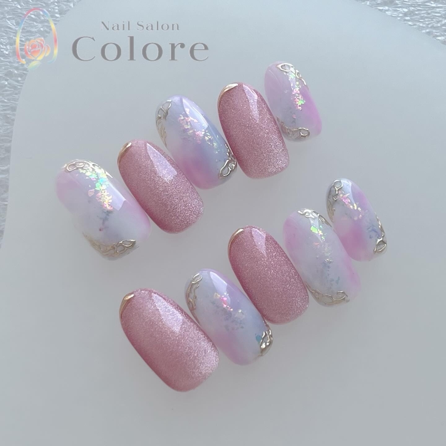うるうるキラキラ紫陽花ニュアンスネイル ピンク ネイルチップ ミラー