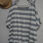 newハンドメイド：ドルマンTシャツ切替綿100%天竺ボーダー&ナチュラルリネン100%&1点のみ