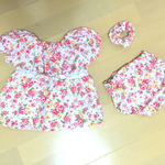 ベビー 花柄ワンピース、パンツ、シュシュ3点セット