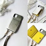 本革 スマホショルダー　バイカラー　ショルダー付き 背面収納カード 名前入れ レザーiphoneケース　シルバー+イエロー